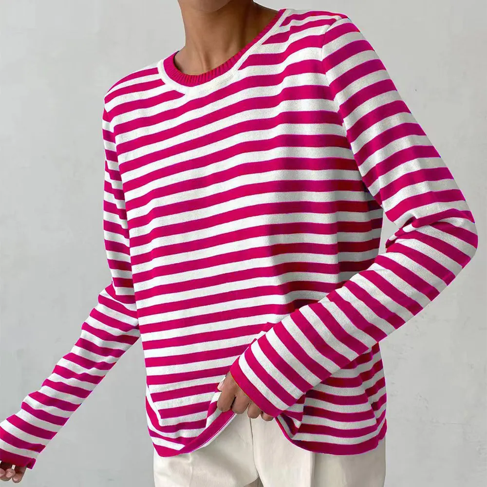 New Knitted Striped Long Sleeved Sweater Versatile Pullover Tops Womens Clothing - Magenta-S