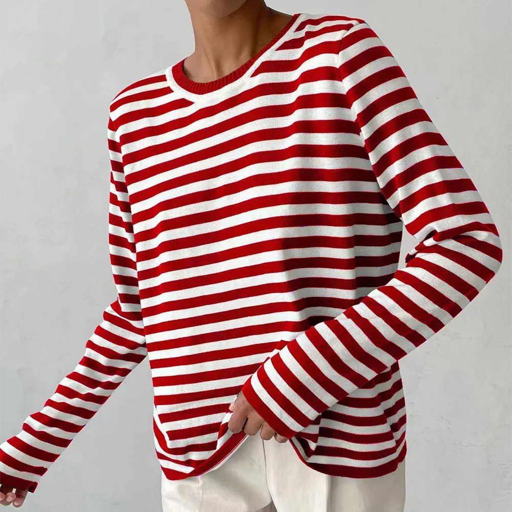 New Knitted Striped Long Sleeved Sweater Versatile Pullover Tops Womens Clothing - Red