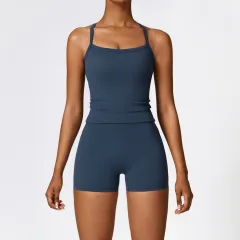 Winter Outdoor Running Sports Set For Women - Tank Top Shorts Blue - View 1