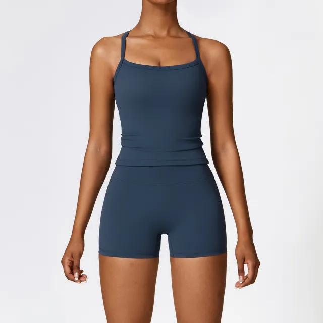Winter Outdoor Running Sports Set For Women Tank Top Shorts Blue - Shop at LoveMi