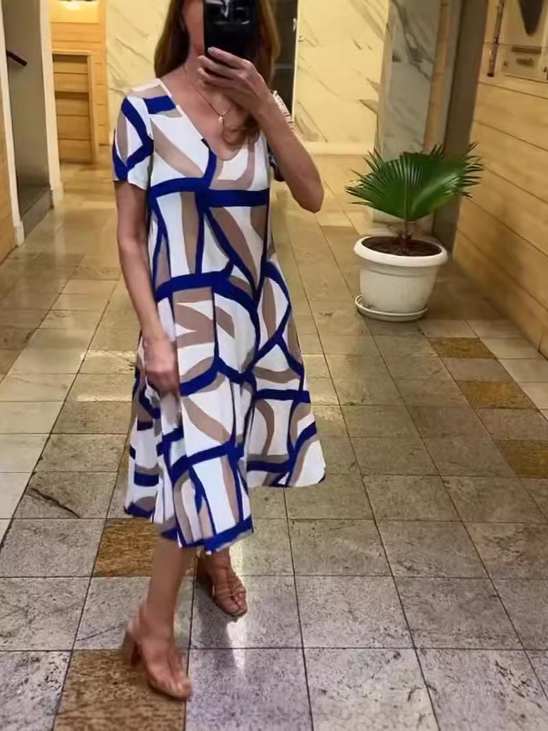 Loose V-neck Midi Skirt Geometric Printing Dress