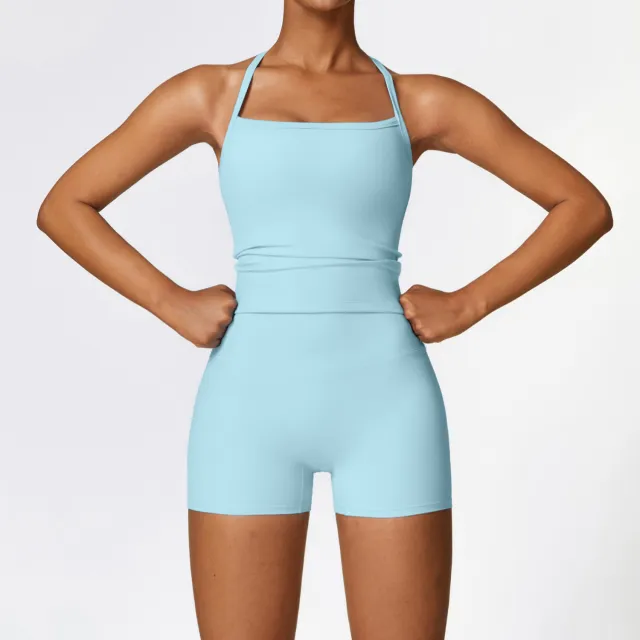 Winter Outdoor Running Sports Set For Women Tank Top Shorts Sky Blue - Shop at LoveMi