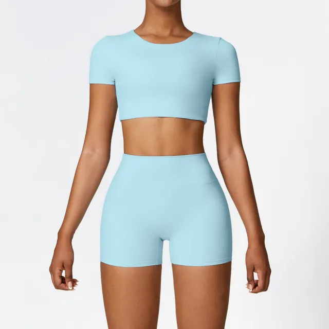Winter Outdoor Running Sports Set For Women Short Sleeved Shorts Sky Blue - Shop at LoveMi