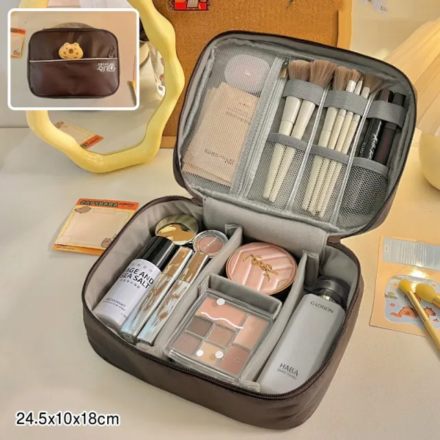 Large Capacity Cosmetic Bag Multi function Layering Double Layer Brown - Shop at LoveMi