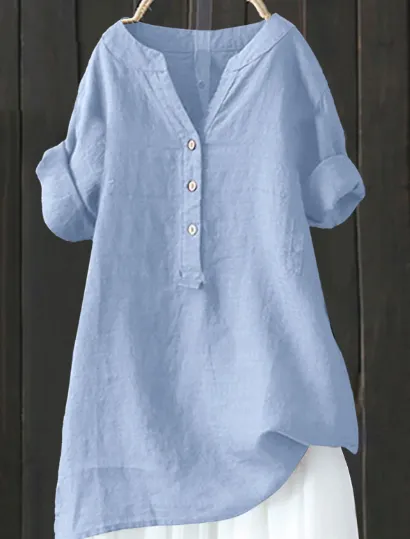 Loose Solid Color Cotton And Linen Top Shirt Blue - Shop at LoveMi