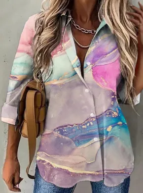 Digital Printing Long Sleeve Lapel Casual Shirt F169P15 S - Shop at LoveMi