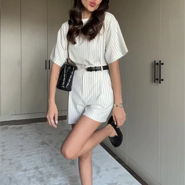 European And American Foreign Trade Round Neck T shirt Striped Suit Women White - Shop at LoveMi