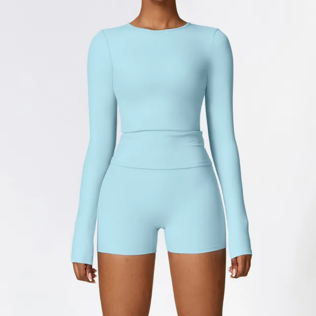 Winter Outdoor Running Sports Set For Women Long Sleeved Shorts Sky Blue - Shop at LoveMi