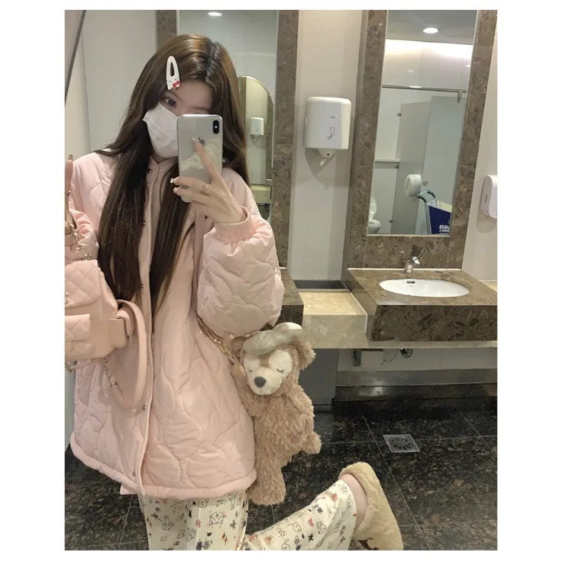 Down Cotton-padded Jacket Women's Diamond Plaid Loose Thick - Pink