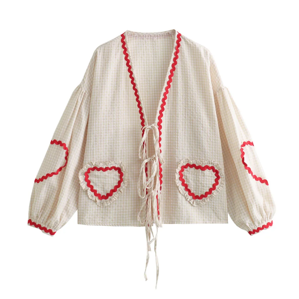 Women's Plaid V-neck Shirt Love Pocket Long Sleeve Loose Top - White
