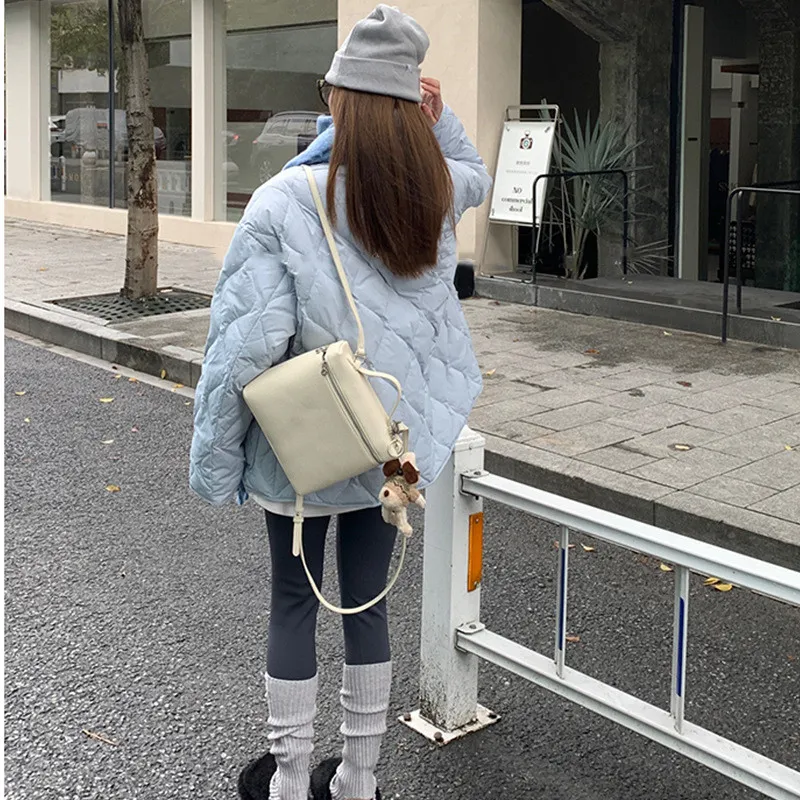 Down Cotton-padded Jacket Women's Diamond Plaid Loose Thick - Light Blue