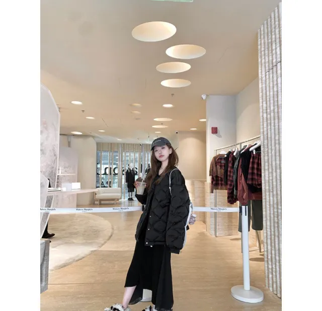 Down Cotton padded Jacket Women's Diamond Plaid Loose Thick Black - Shop at LoveMi