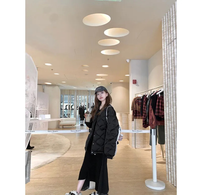 Down Cotton-padded Jacket Women's Diamond Plaid Loose Thick - Black