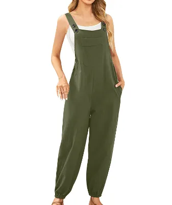 Women's Cotton And Linen Pocket Strap Skinny Pants Army Green - Shop at LoveMi