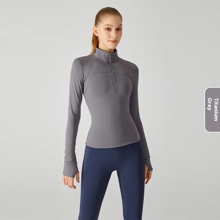 Fleece-lined Yoga Clothing Top Long Sleeve Fitness - Gray