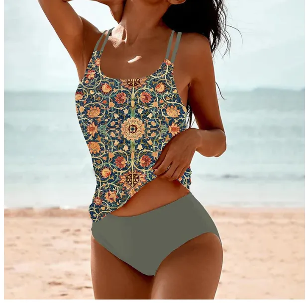 Vintage Printed Split High Waist Conservative Swimwear Grey - Shop at LoveMi