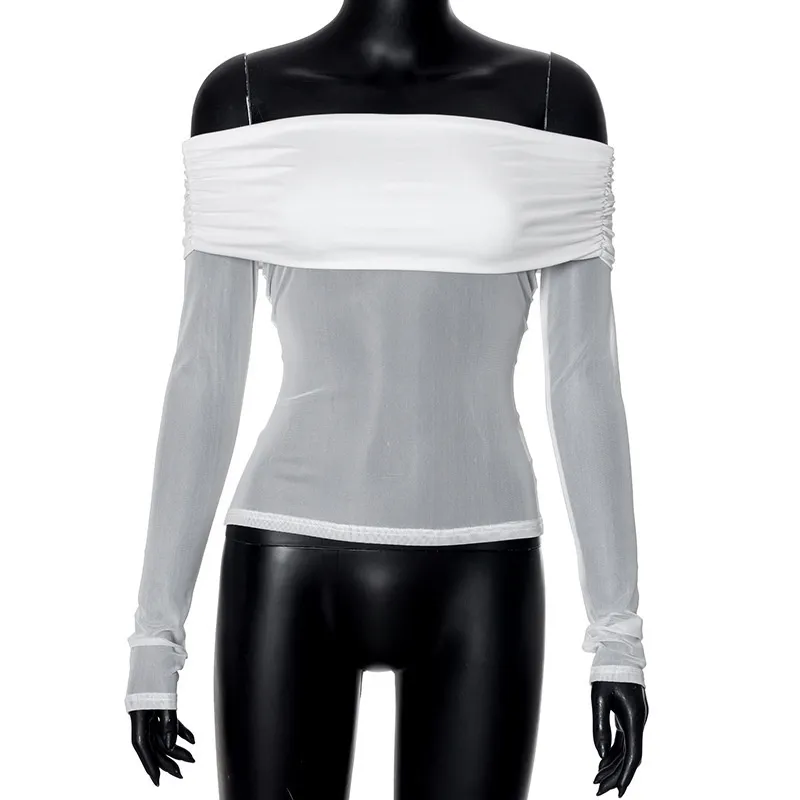 Pure Color Mesh Stitching Off-neck Collarbone Slim Fit Slimming Top Women's Clothing - White