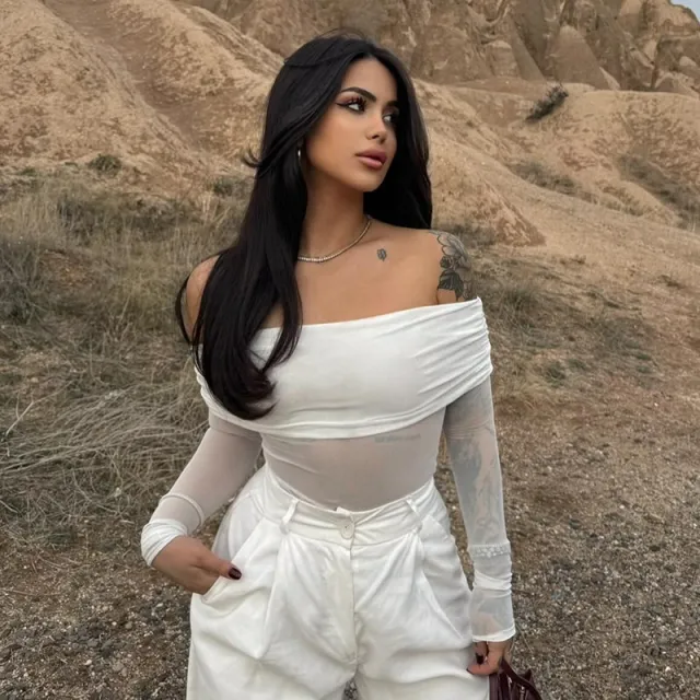 Pure Color Mesh Stitching Off neck Collarbone Slim Fit Slimming Top Women's Clothing Spot Goods - Shop at LoveMi