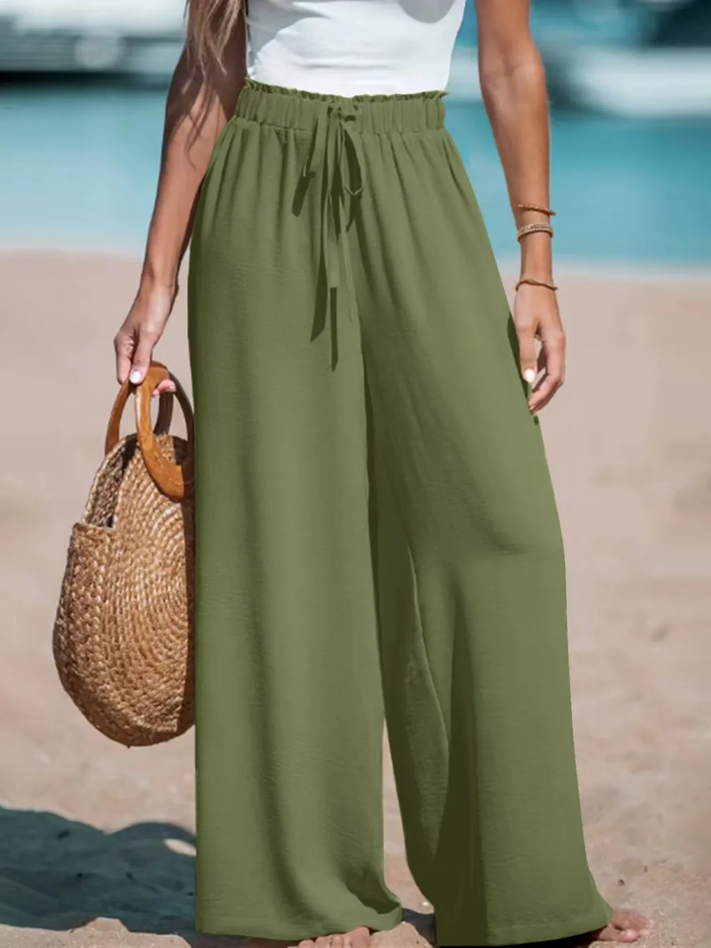 Women's Fashion Fake Drawstring Loose Casual Wide-leg Trousers - Army Green