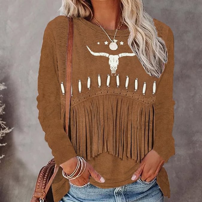 Printed Long Sleeve Loose Urban Casual Round Neck Pullover