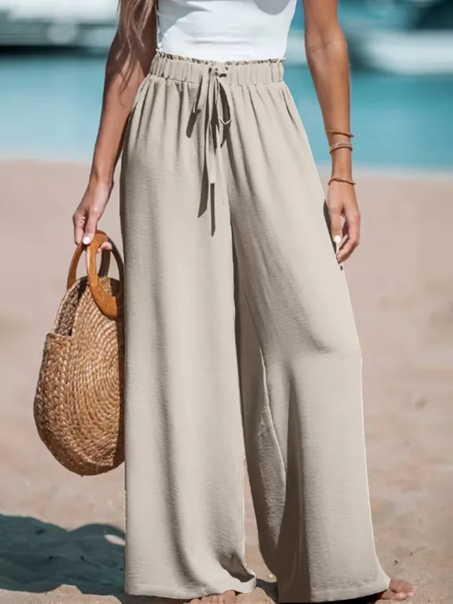Women's Fashion Fake Drawstring Loose Casual Wide leg Trousers Apricot - Shop at LoveMi