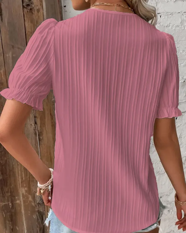 Summer Holiday Hollow out Short Sleeve European And American Women's Clothing Shirt Shrimp Pink - Shop at LoveMi