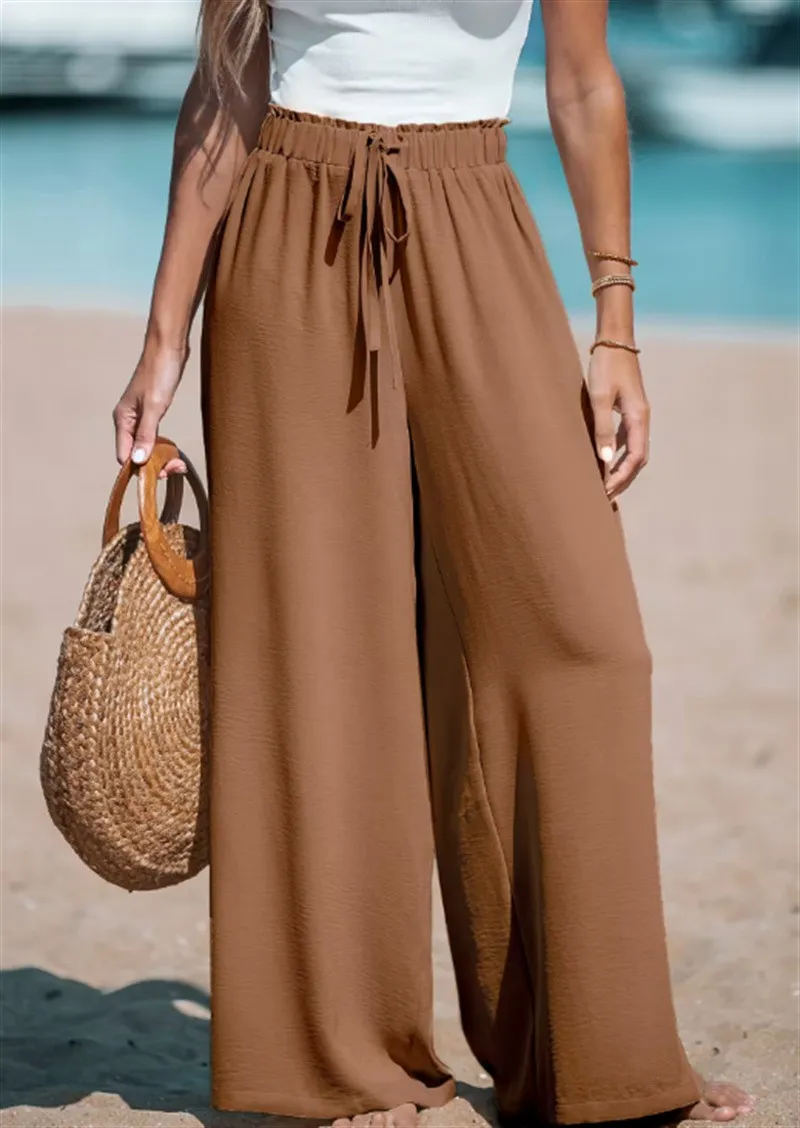 Women's Fashion Fake Drawstring Loose Casual Wide-leg Trousers - Caramel-L
