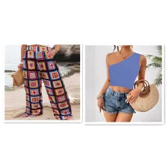 Women's Loose Casual And Comfortable Plaid Color Printed Trousers - Red Set - View 1