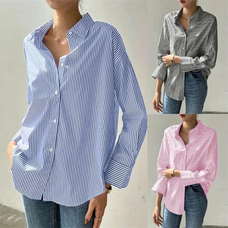 Women's Loose Casual Striped Long-sleeved Shirt - Set