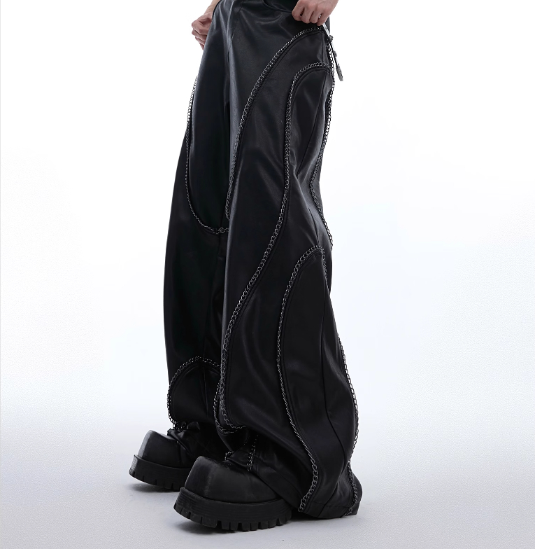 Make Old Metal Chain Wrapped Leather Casual Pants