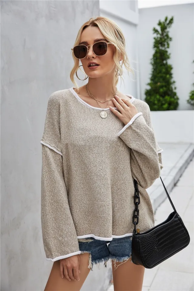 Women's Plus Size Back Tassel Sweater Round Neck Sweater Khaki - Shop at LoveMi