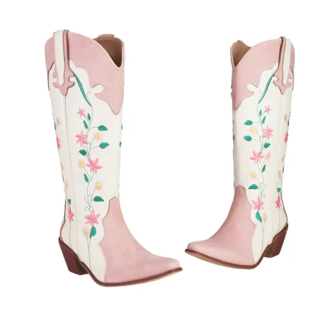 Plus Size National Classic Embroidered Boots Thick heeled Embroidered Knight Knee high Boots Red - Shop at LoveMi