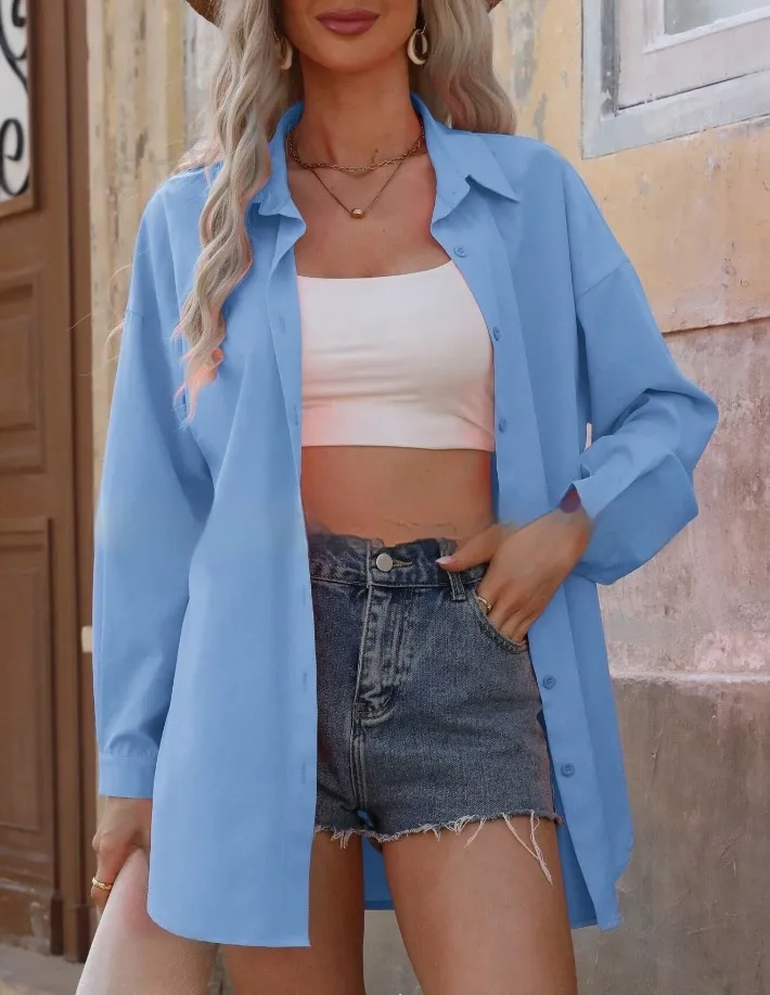 Fashion Loose Candy Color Long Sleeve Shirt Top - Blue