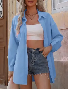 Fashion Loose Candy Colour Long Sleeve Shirt Top - Sky Blue - View 1
