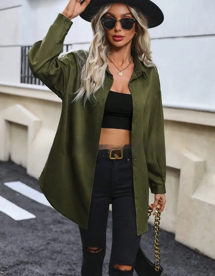 Fashion Loose Candy Color Long Sleeve Shirt Top - Olive