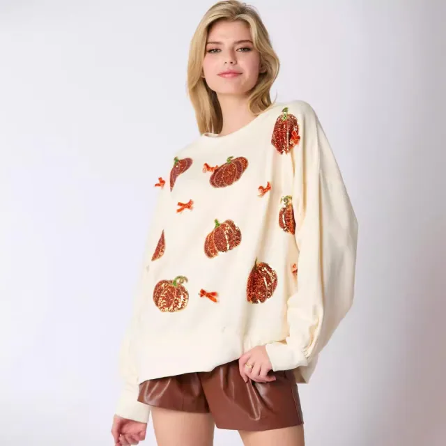 Women's Halloween Pumpkin Embroidered Sweater Loose Casual Top Sequined Pumpkin Bow - Shop at LoveMi