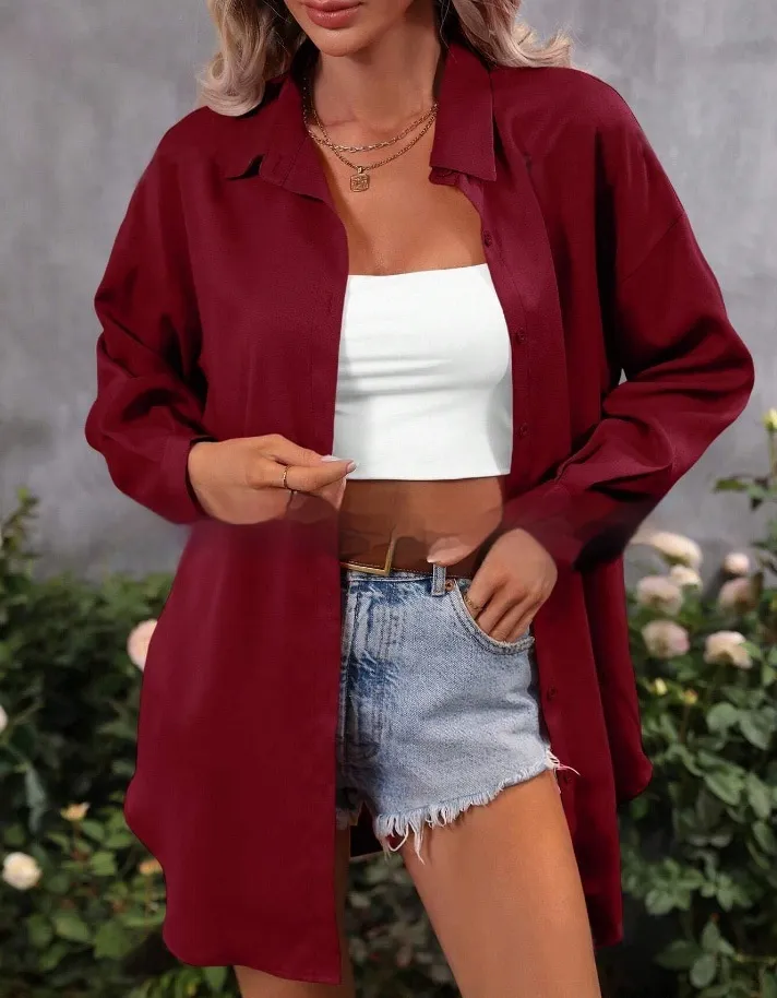Fashion Loose Candy Color Long Sleeve Shirt Top - Wine