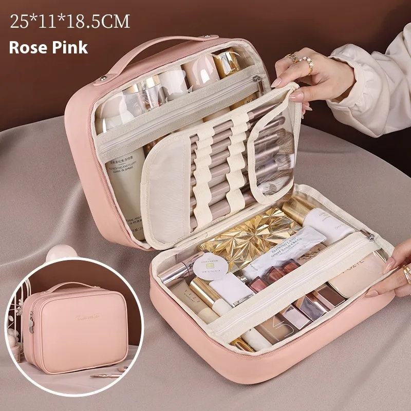 Three-in-one Multifunctional Partition Storage PU Cosmetic Bag - Rose