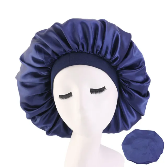 Extra Large Satin Print Nightcap Wide Edge Stretch Round Cap Pure Navy Blue - Shop at LoveMi