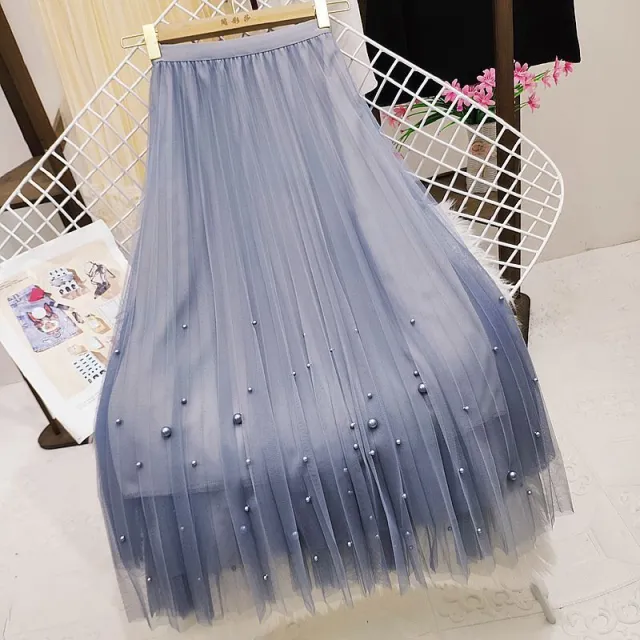 Pleated Mesh Skirt Women's Mid length High Waist Long Skirt Blue 1Style - Shop at LoveMi