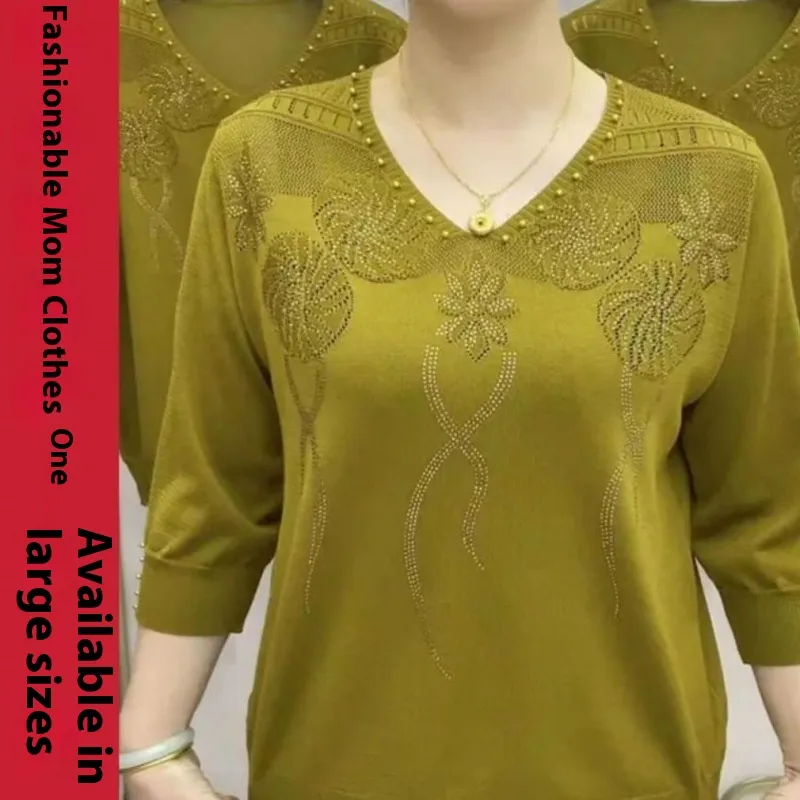 Fashion Ice Silk Sweater Three-quarter Sleeve Pullover Top For Women - Yellow