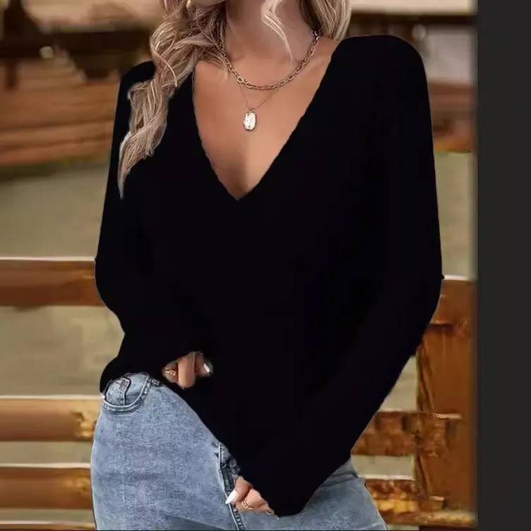 European And American Intellectual Style Temperament Pullover V-neck Slim-fit Long-sleeved Sweater - Black