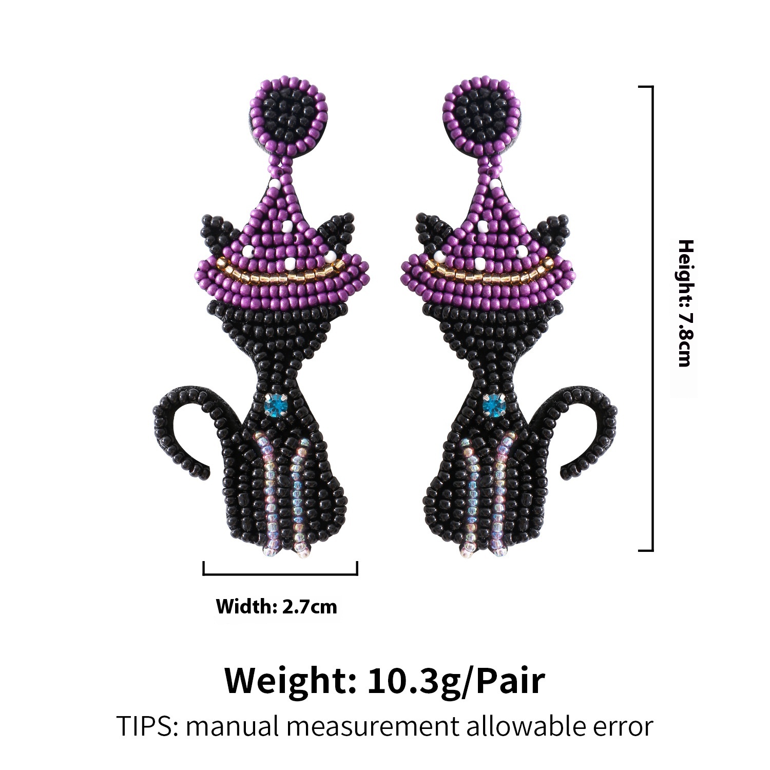 Creative Handmade Bead Witch Cat Dark Halloween Earrings