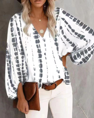 Casual Shirt Printed Lantern Sleeve Top
