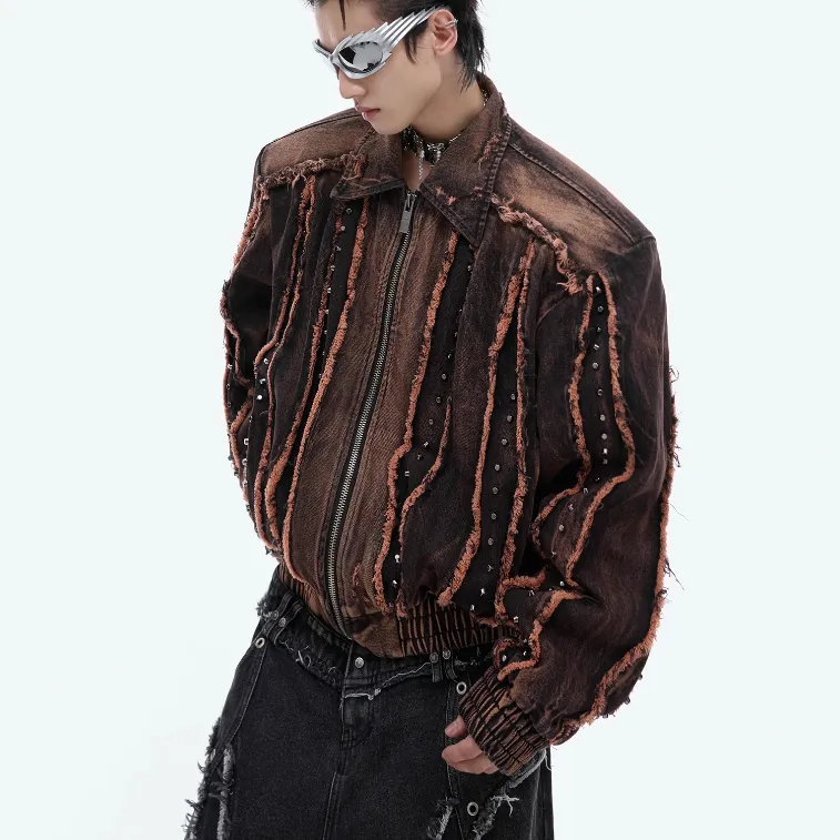 Niche Retro Distressed Deconstruction Padded Shoulder Denim Coat