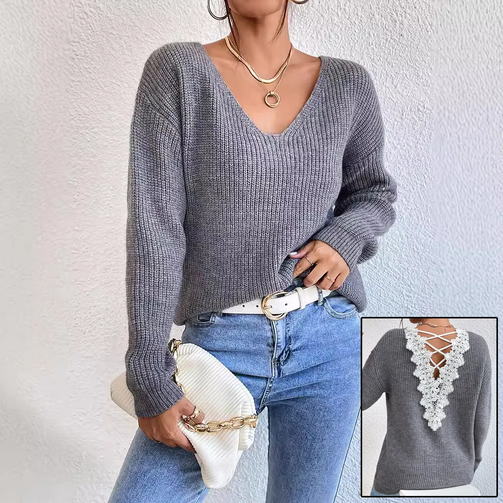 Y2k Clothes V-neck Sweater Ladies Winter Backless Streetwear Bandage