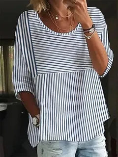 Summer Plus Size Round Neck Striped Casual T-shirt - 3 Models D763-Xs - View 1