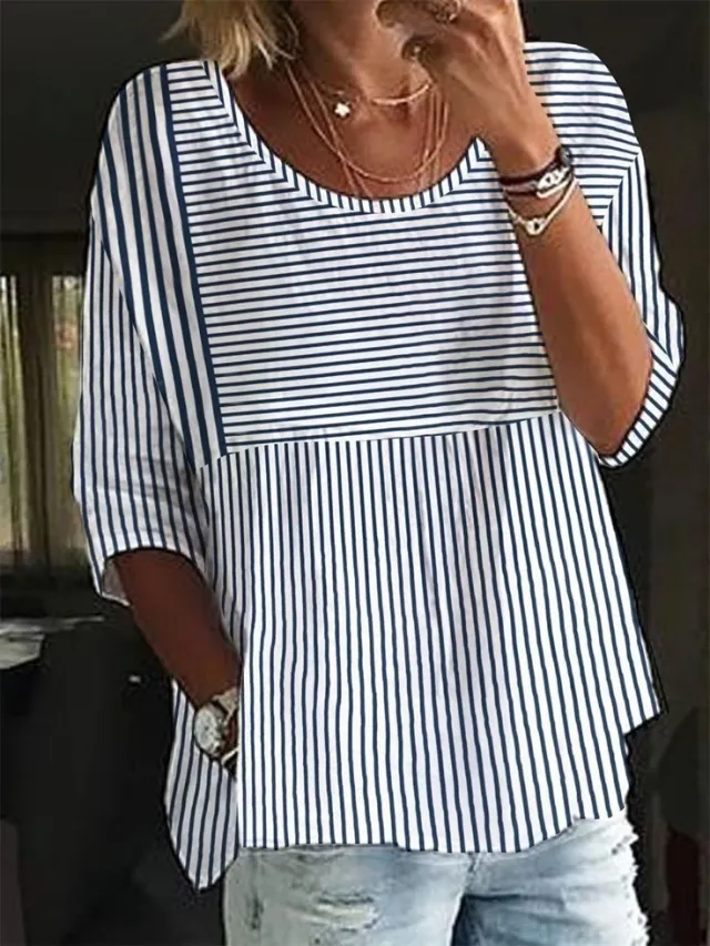 Summer Plus Size Round Neck Striped Casual T shirt 3 Models D763 Xs - Shop at LoveMi