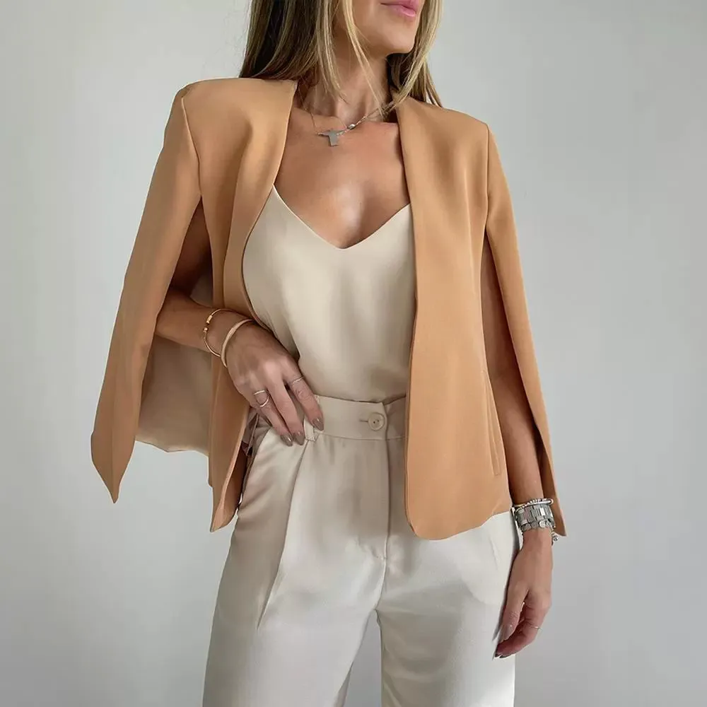 European And American Cape And Shawl Casual Collarless Suit - Khaki