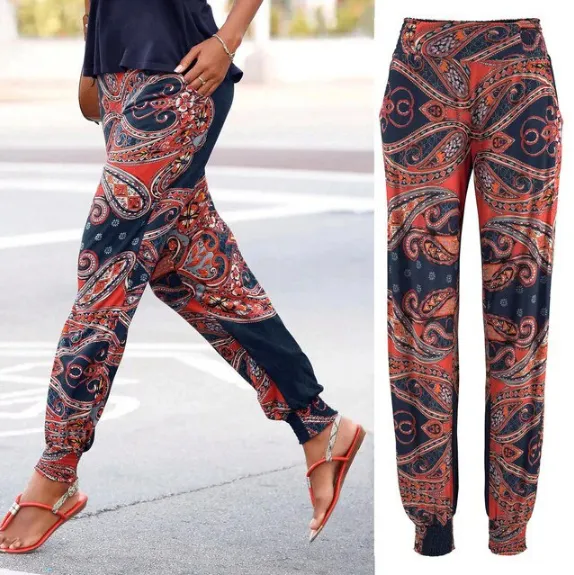 European And American Style Women Printed Pocket Casual Pants - Black